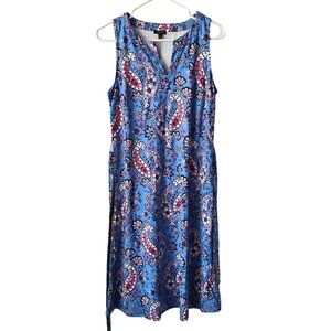 Talbots Petite US PM Blue Paisley Sleeveless Shift Dress Waist Tie Stretch NEW
